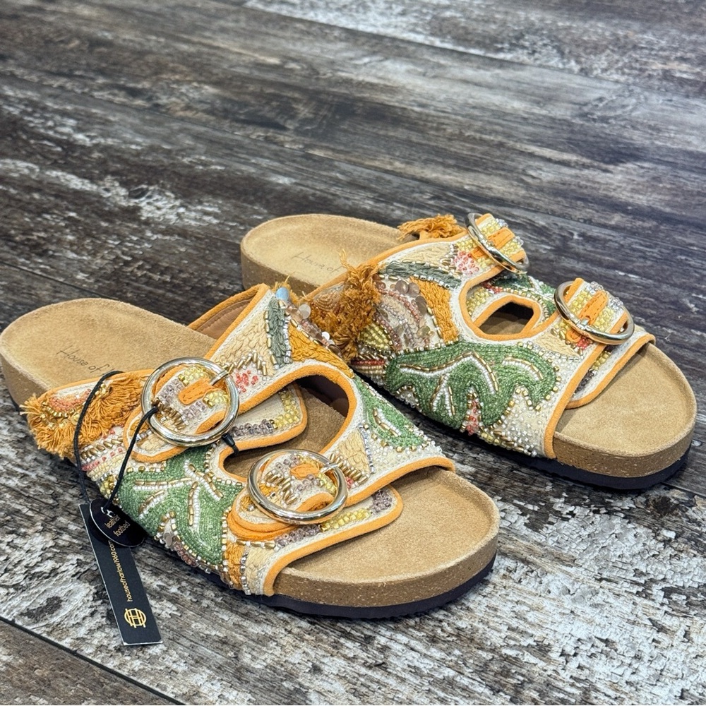 House of Harlow Slides 1960 Beaded Leaf Leather Buckle Sandals Size 8.5 NWT‎ - Picture 12 of 15